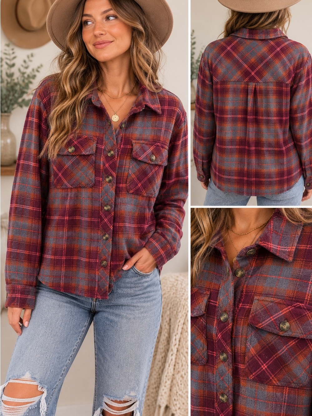 Maurice’s Women’s Plaid Button-Up Shirt Jacket - Burgundy Gray
